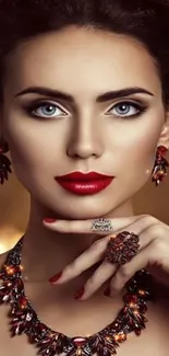 Elegant woman with red accents in jewelry and makeup wallpaper.