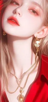 Stylish blonde art with gold jewelry and vibrant red elements.