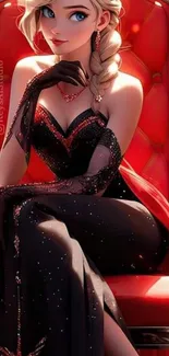 Elegant character in black gown sitting on a red throne chair.