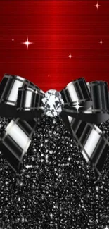 Elegant red and black glitter wallpaper with ribbon accent.