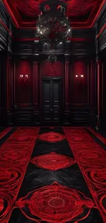 Red and black hallway with elegant decor.