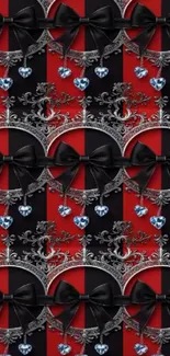 Red and black striped wallpaper with bows and filigree.