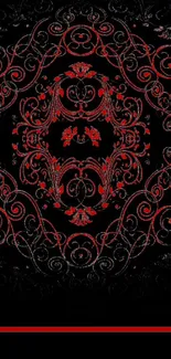 Red ornamental mobile wallpaper with intricate design on black background.