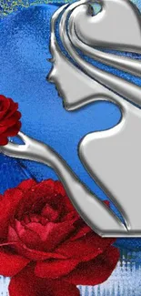 Stylish wallpaper with silver figure and red roses on a blue background.