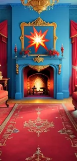 Luxurious red and blue Victorian living room with ornate decor.