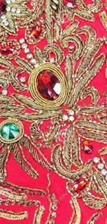 Elegant red and gold beaded wallpaper with gemstone accents.