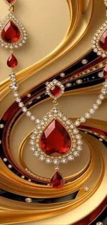 Ornate red and gold design with jewels on mobile wallpaper.