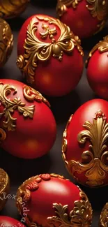 Intricate eggs with red and gold designs creating an elegant mobile wallpaper.