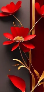 Elegant red and gold floral mobile wallpaper with abstract design.