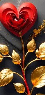 Mobile wallpaper with a red heart and gold leaves on black background.