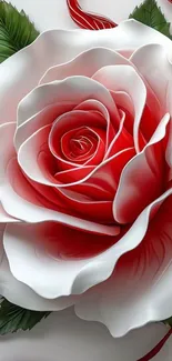 Artistic red and white rose with green leaves.