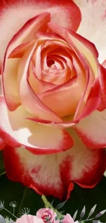 Red and white rose close-up on a mobile wallpaper.