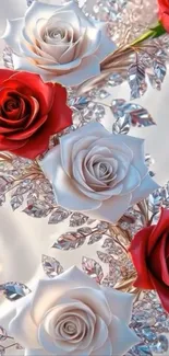 Elegant red and white roses with silver leaves wallpaper.