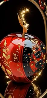 Luxurious red apple with gold and black floral design.