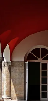 Elegant archway wallpaper with red ceiling and stone columns.