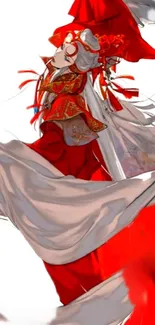 Elegant art design with red and white flowing attire.