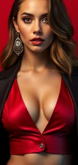 Elegant woman in red attire against vibrant background.