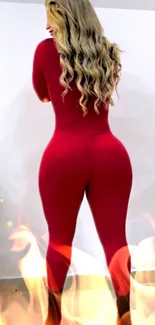 Woman in red bodysuit with fire effects, back view.