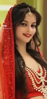 Beautiful woman in red bridal attire with elegant jewelry.