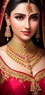 Elegant bride in red and gold attire, adorned with intricate jewelry.