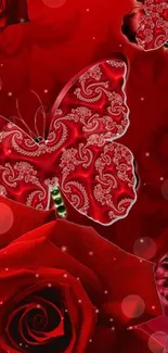 Red butterfly wallpaper with roses and intricate designs.