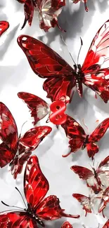 Dynamic red butterflies on a white background mobile wallpaper.