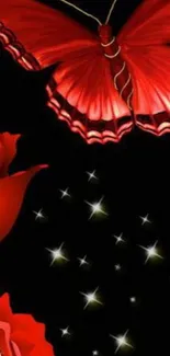 Red butterfly on black background with glowing stars and red roses.