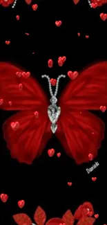 Elegant red butterfly on black background with floral accents.