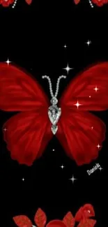 Elegant red butterfly with floral accents on a mobile wallpaper.