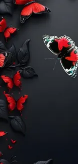 Red butterflies on a dark background.