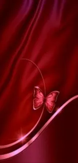 Elegant red silk wallpaper with a delicate butterfly design.
