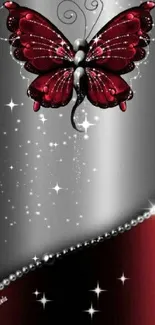 Elegant red butterfly with sparkles on a silver and maroon background.