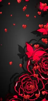 Elegant wallpaper with red butterflies and roses on dark background.