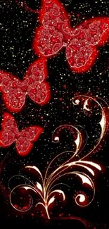 Elegant red butterfly wallpaper with black background.