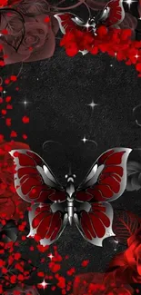 Red butterflies and roses on a dark background wallpaper.