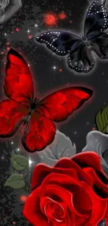 Red butterflies with roses on dark background.