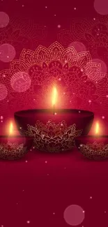 Elegant dark red wallpaper with glowing candles and intricate patterns.