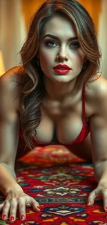 Woman in elegant red clothing on a luxurious carpet.