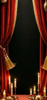 Rich red curtains with golden tassels and glowing candles create an elegant ambiance.