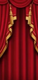 Luxurious red curtain with golden tassels on a wallpaper background.