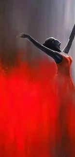 Elegant silhouette of dancer in a red dress painting.