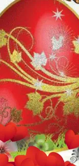 Elegant red wallpaper with gold leaves and decorative heart accents.