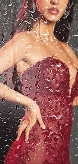 Elegant woman in red dress behind rainy glass wallpaper.