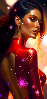 Elegant woman in glossy red dress in vibrant digital artwork.