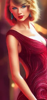 Woman in a stylish red dress with vibrant artistry and elegance.