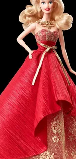 Barbie doll in elegant red gown with lace detailing.