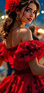 Elegant woman in red dress with festive lights