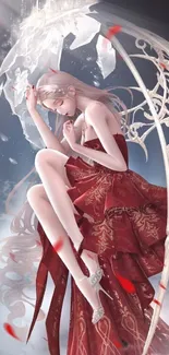 Fantasy art wallpaper with a woman in a red dress.