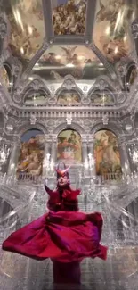 Woman in red dress in a baroque palace setting.