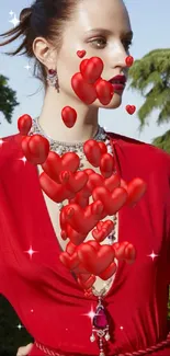 Stylish woman in red dress with elegant jewelry and a green garden backdrop.